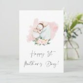 Happy First Moederdag Bloemen Roze Vakantie Kaart (Staand voorkant)