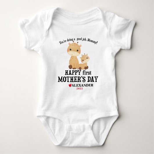 Happy First Moederdag Giraffes met naam + jaar Romper (Voorkant)