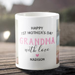 Happy First Moederdag Grandma Foto Koffiemok<br><div class="desc">De eerste moederdag grootmoeder mok met het leuke gezegde 'gelukkige 1ste moederdag oma',  twee foto's van het kleinkind,  een roze hart,  en de naam van de kinderen.</div>