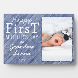 Happy First Moederdag Grandma Photo Blue Wood Fotoplaat