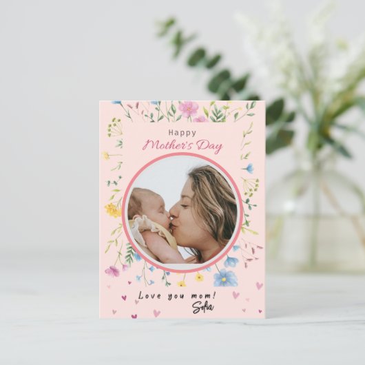 Happy First Moederdag Schattige Modern Flowers Fot Briefkaart (Staand voorkant)