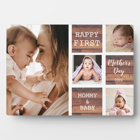 Happy First Moederdag Wood 4 Foto Collage Fotoplaat (voorkant)