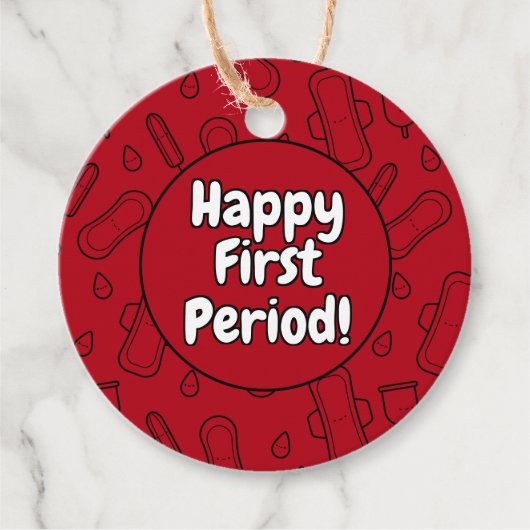 Happy First Party Red Tampon Pad Pattern Bedankjes Labels (Voorkant)