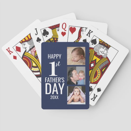 Happy First Vaderdag 3 Photo Collage Navy Blue Pokerkaarten (Achterkant)