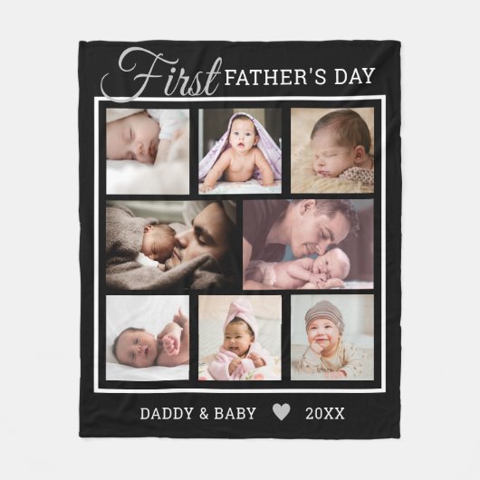 Happy First Vaderdag 8 Photo Collage Black Fleece Deken (Voorkant)