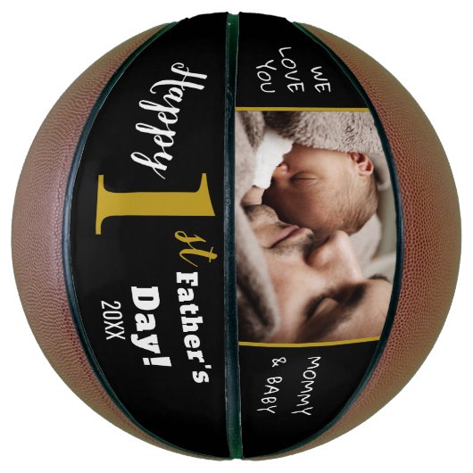 Happy First Vaderdag Black Gold Aangepaste foto   Basketbal (Verticaal)