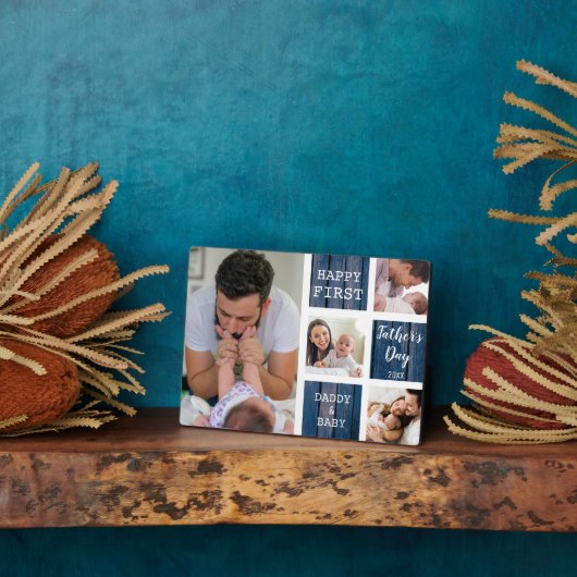 Happy First Vaderdag Blauw Hout 4 Fotocollage Fotoplaat (Zijkant)