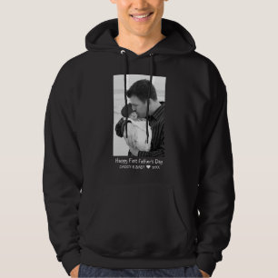 Happy First Vaderdag Nieuwe Papa Baby Foto Zwart Hoodie