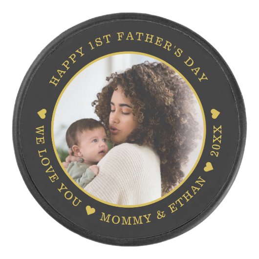 Happy First Vaderdag Photo Black en Gold Hockey Puck (Voorkant)