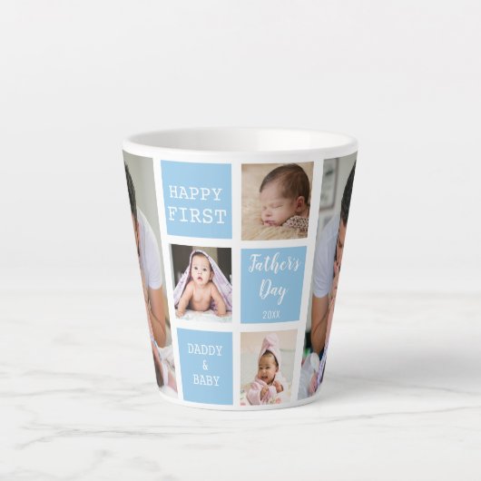 Happy First Vaderdag Sky Blue 5 Photo Collage Latte Mok (Voorkant)
