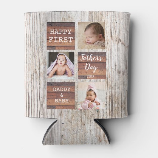 Happy First Vaderdag Wood 4 Foto Collage Blikjeskoeler (Voorkant)