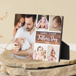 Happy First Vaderdag Wood 5 Photo Collage Fotoplaat<br><div class="desc">Het eerste cadeauidee van de vaderdag - een modern fotoplaque met een collage net dat met 5 afbeeldingen en bericht op een trendy blok van het Hout wordt gecreeerd.</div>
