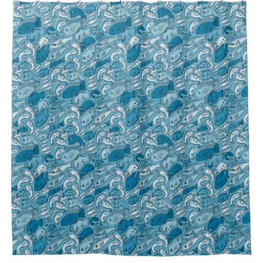 Happy Fish Pattern Blue Shower Curtain Douchegordijn (Voorkant)