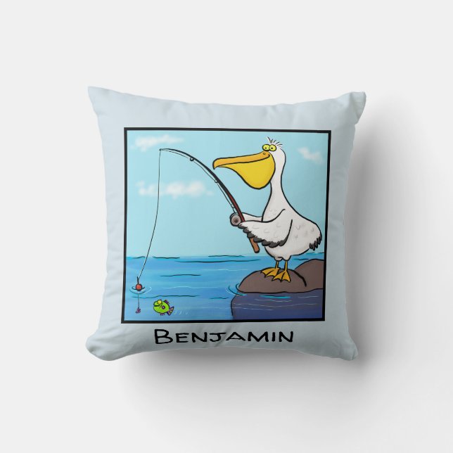 Happy fish pelican cartoon kussen (Voorkant)