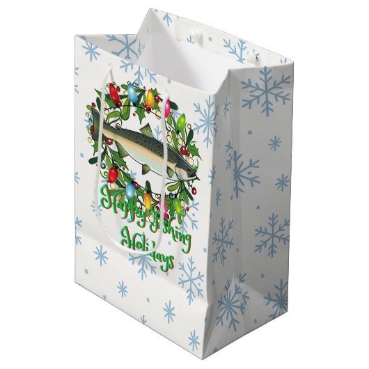 Happy Fishing Holidays Funny Fish Wreath Medium Cadeauzakje (Voorkant Gekanteld)