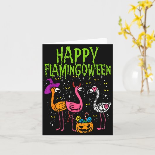 Happy Flamingoween Y Flamingos Funny Halloween Cos Kaart (Gele Bloem)