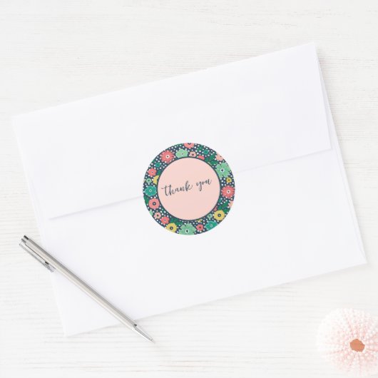 Happy Flowers Blush Navy Dank je Ronde Sticker (Envelop)
