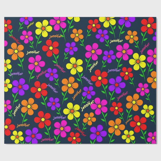 Happy Flowers Herhalende Naam Verjaardagsrol Cadeaupapier (Vlak)