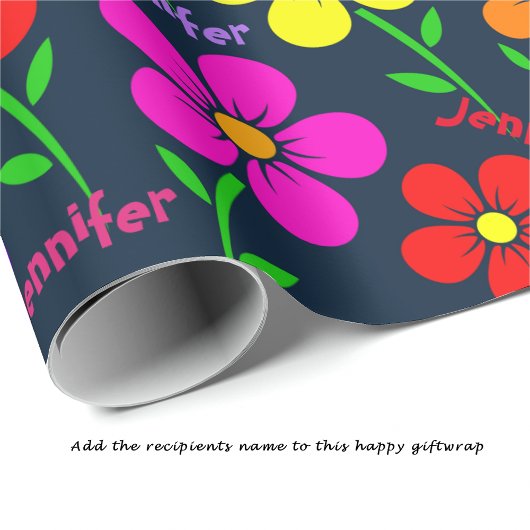 Happy Flowers Herhalende Naam Verjaardagsrol Cadeaupapier