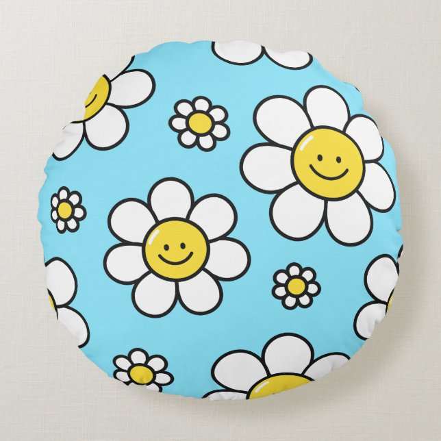 Happy Flowers Rond Kussen (Voorkant)