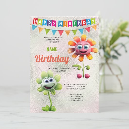 Happy Flowers Verjaardagsfeestuitnodiging Kaart (Staand voorkant)