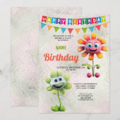 Happy Flowers Verjaardagsfeestuitnodiging Kaart (Voorkant / Achterkant)