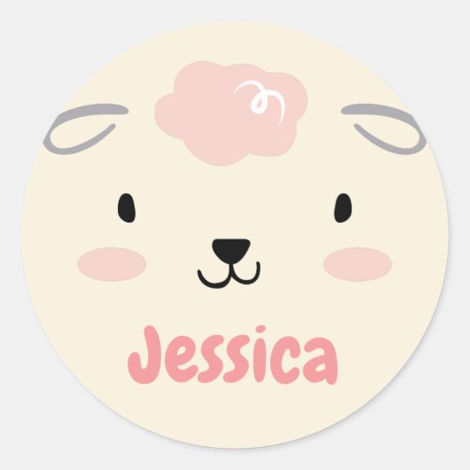 Happy Fluffy Pink Baby Sheep Face Ronde Sticker (Voorkant)
