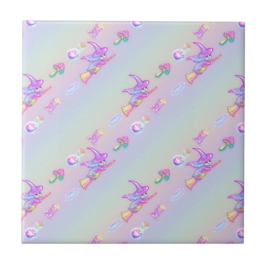 Happy Flying Witch Bright Pastel Rainbow Pattern Tegeltje (Voorkant)