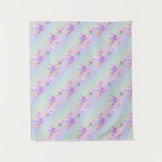 Happy Flying Witch Bright Pastel Rainbow Pattern Wandkleed (Voorkant)