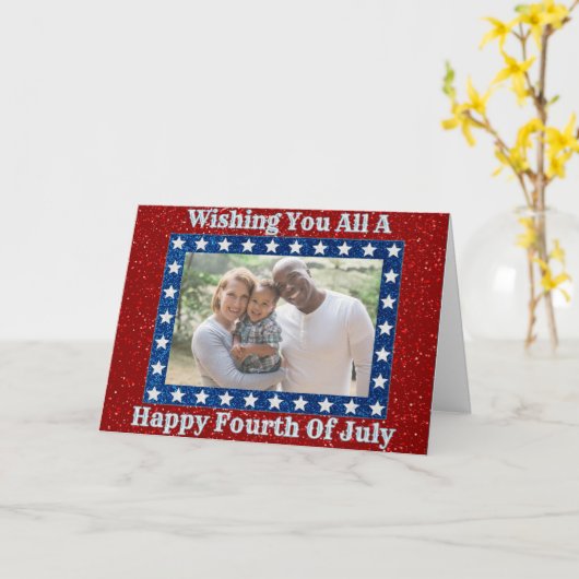 Happy Fourth of Juli Glitter Family Photo Card Kaart (Gele Bloem)
