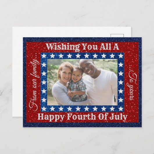 Happy Fourth of Juli Glitter Foto Briefkaart (Voorkant / Achterkant)