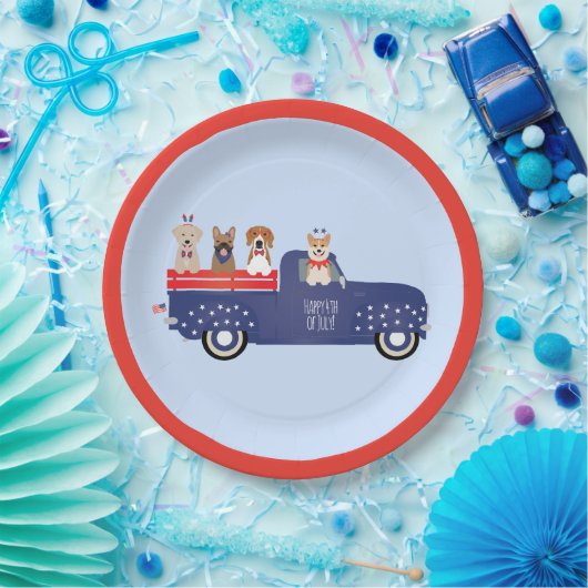 Happy Fourth of Juli Honden Pickup Truck Papieren Bordje (Feest)