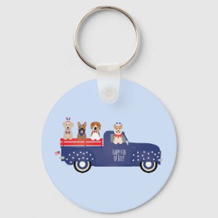Happy Fourth of Juli Honden Pickup Truck Sleutelhanger