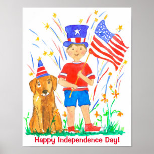 Happy Fourth of Juli Hound Dog American Flag Poster