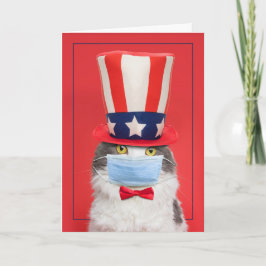 Happy Fourth of July Patriotic Cat in Face Mask Feestdagen Kaart