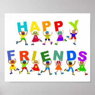 Happy Friends Cute Cartoon Diverse Kinder tekst Poster