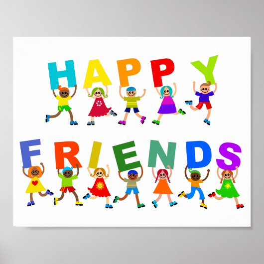 Happy Friends Cute Cartoon Diverse Kinder tekst Poster (Voorkant)