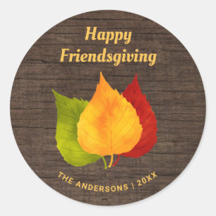 HAPPY FRIENDSGIVING AUTUMN LEVERT RUSTIC HOUT RONDE STICKER