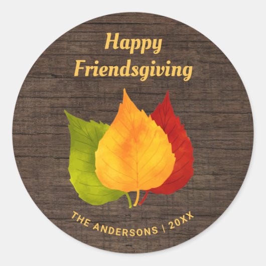 HAPPY FRIENDSGIVING AUTUMN LEVERT RUSTIC HOUT RONDE STICKER (Voorkant)