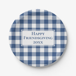 Happy Friendsgiving Blauw Wit Gingham Plaid Papieren Bordje