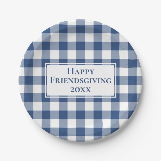 Happy Friendsgiving Blauw Wit Gingham Plaid Papieren Bordje (Voorkant)