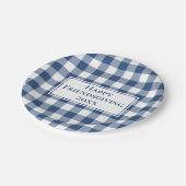 Happy Friendsgiving Blauw Wit Gingham Plaid Papieren Bordje (Gekanteld)