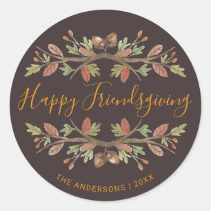 HAPPY FRIENDSGIVING CUTE WATERVERF HERFST FOLIAGE RONDE STICKER