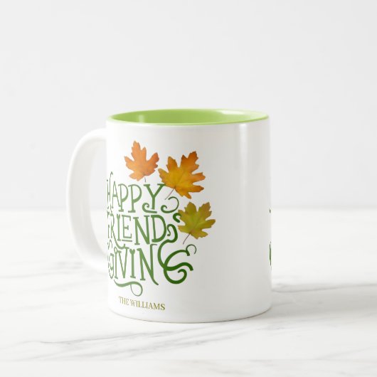Happy Friendsgiving Fall Leaves Mug Tweekleurige Koffiemok (Voorkant links)