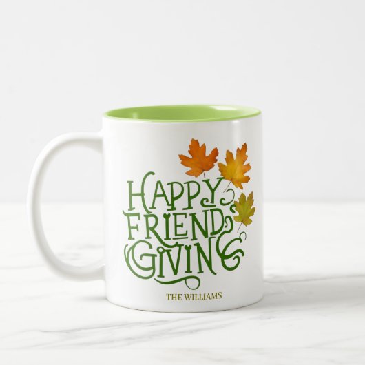 Happy Friendsgiving Fall Leaves Mug Tweekleurige Koffiemok (Links)