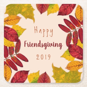 Happy Friendsgiving met kleurrijke herfst-bladeren Kartonnen Onderzetters