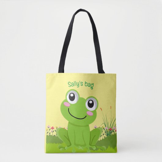 Happy frog canvas tas - bleke citroenachtergrond. (Voorkant)