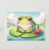 Happy Frog op Lily Pad - Leuke digitale aquarel Briefkaart (Voorkant / Achterkant)