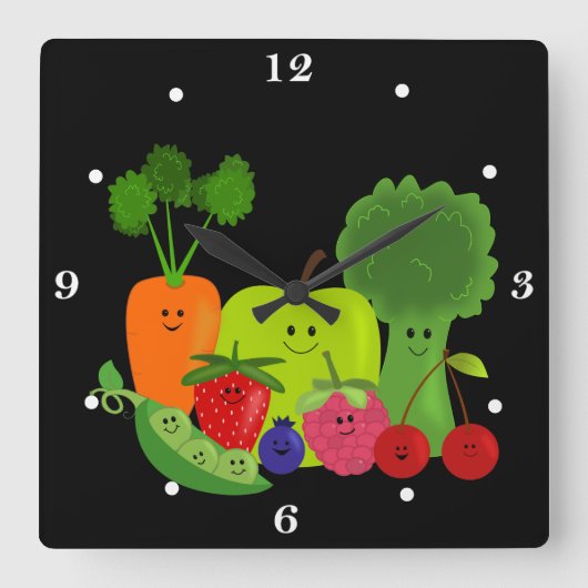Happy Fruit and Veggies Wall Clock Vierkante Klok (Voorkant)