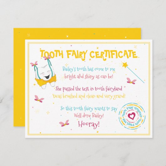 Happy Fun Tooth Fairy Certificaat Gele Kleur Pop Notitiekaartje (Voorkant / Achterkant)